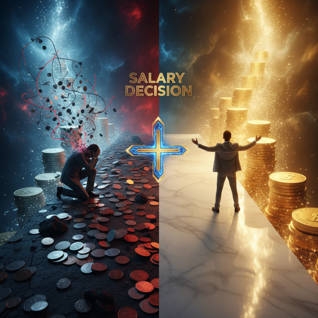 Professional standing at crossroads between two paths, one showing diminishing coins and the other showing ascending stacks of gold, representing salary decisions