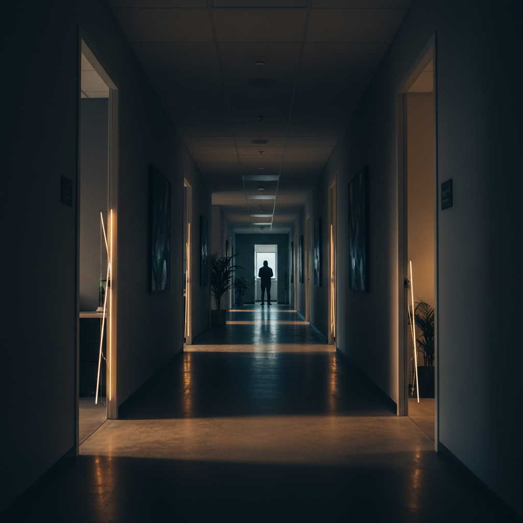 Shadowy office corridor with glowing door frames revealing hidden pathways and secret passages