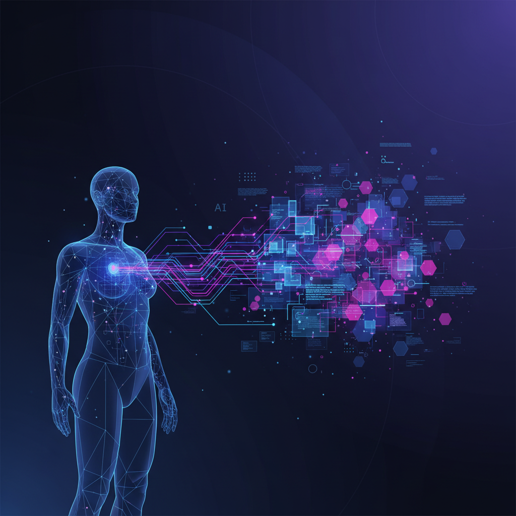 Developer working alongside AI coding assistant with holographic code visualization