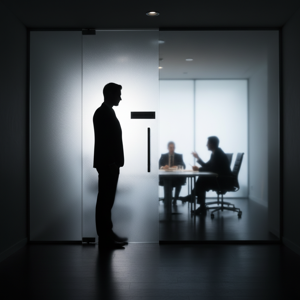 Silhouette looking through frosted glass door into a bright meeting room representing the hidden hiring process