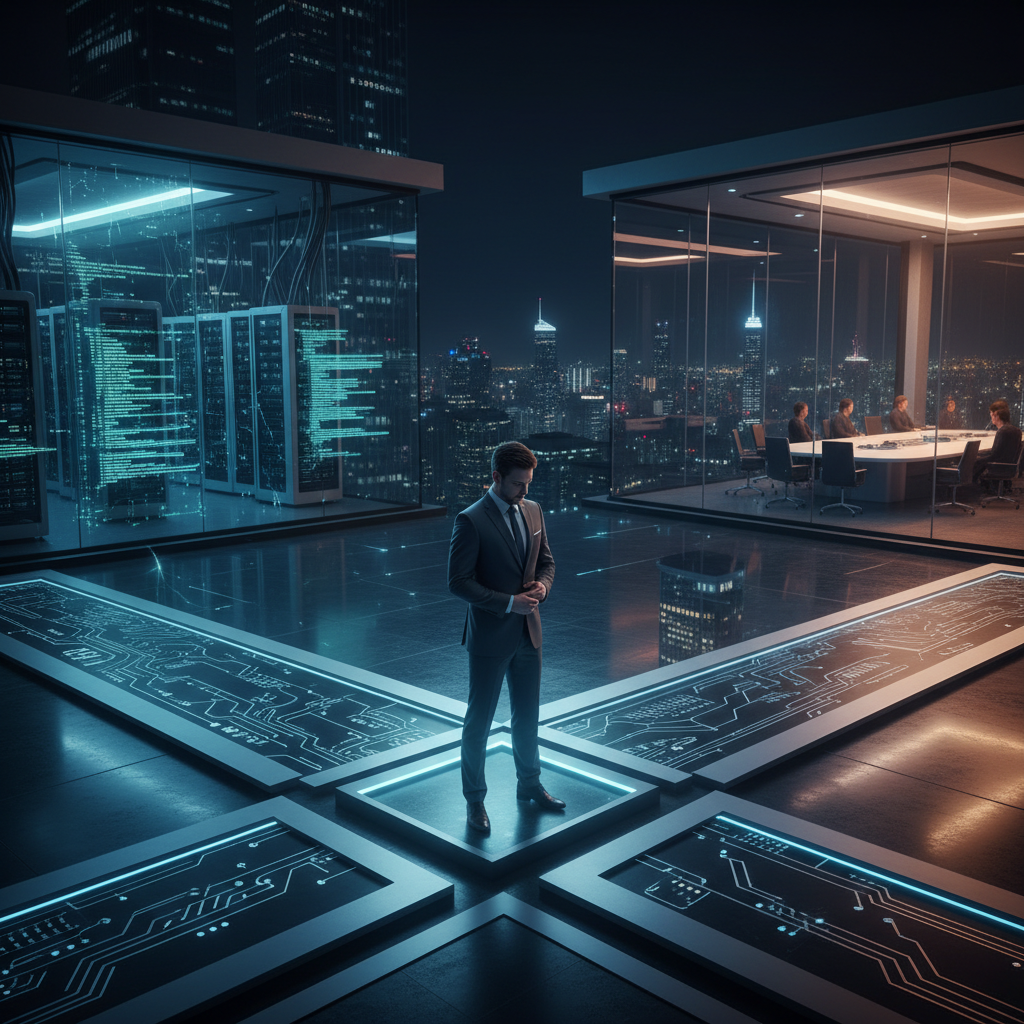 A lone figure standing at a glass office door looking into an empty conference room, symbolizing the transition into IT management