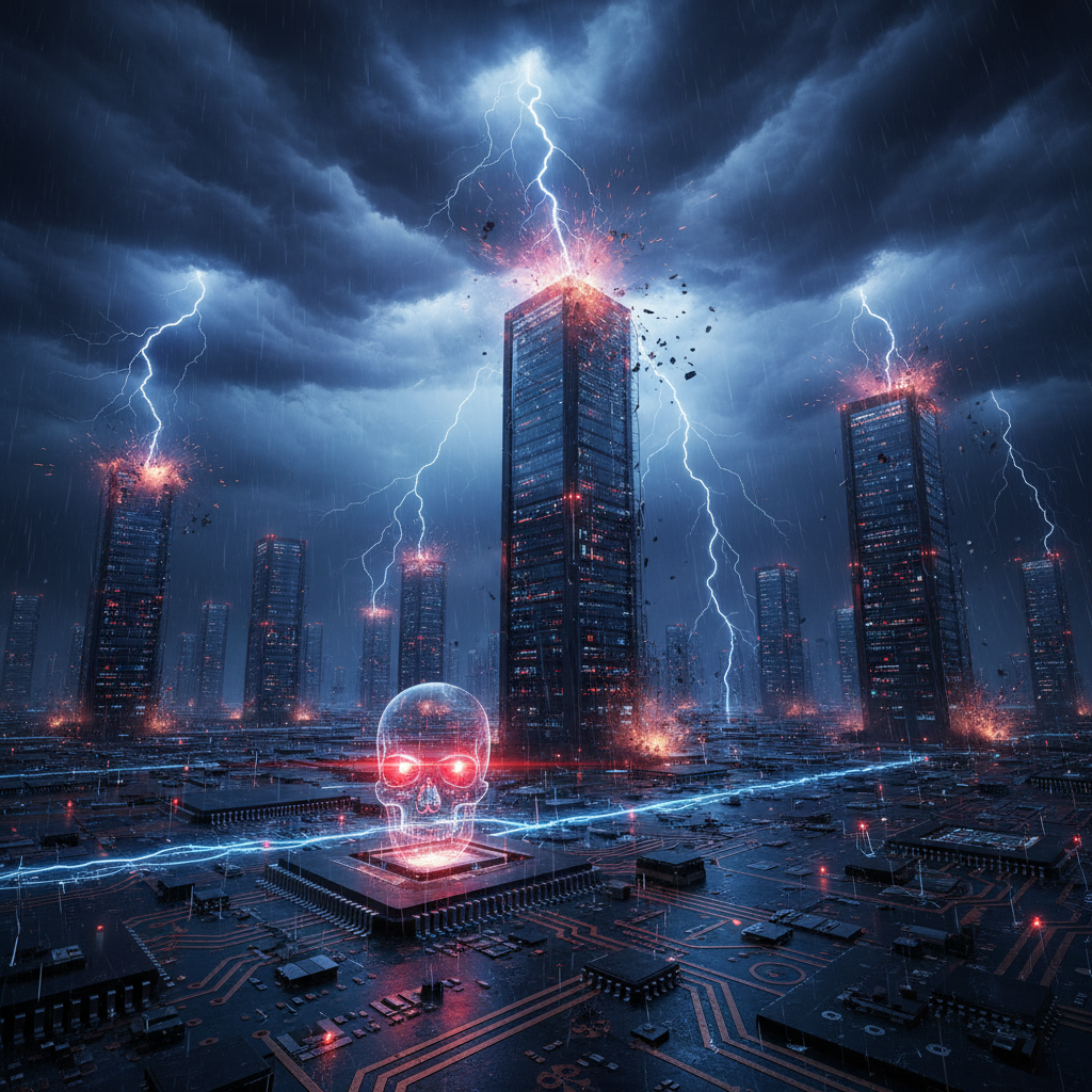 Storm clouds gathering over a digital landscape with warning signs, representing an IT project heading toward trouble