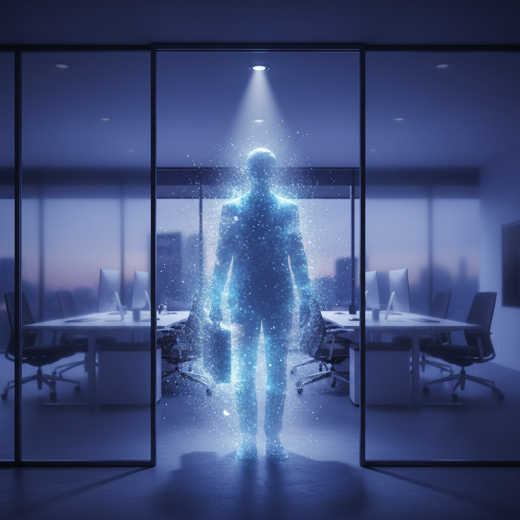 Empty office chair with a fading silhouette, representing the disappearing recruiter and job search frustration