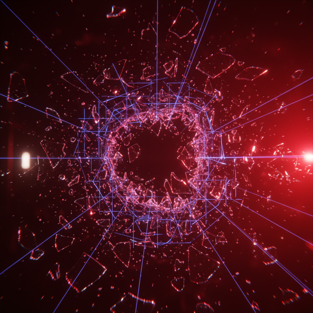 Dramatic scene of broken glass fragments suspended in air with red warning lights, symbolizing a production incident moment