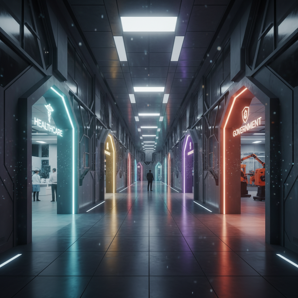 Multiple glowing doorways representing different industries and sectors, each leading to different career opportunities