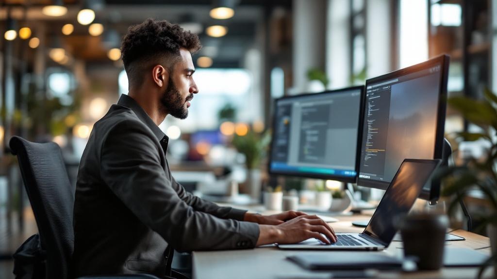 Professional working on laptop in modern office environment representing IT career opportunities