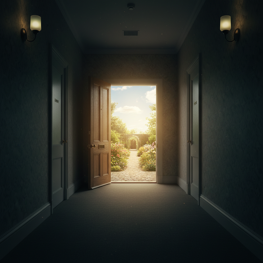 Open door leading from dark office space into bright light representing career transitions and new opportunities