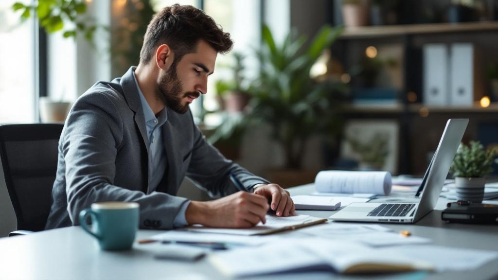 IT professional studying for certification exam with laptop and study materials in modern home office