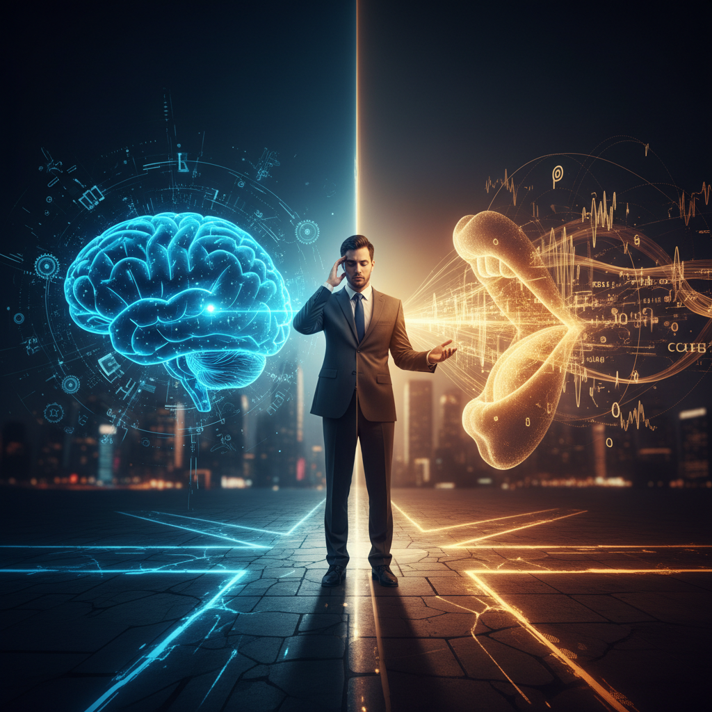 Frustrated IT professional at interview table with thought bubbles showing disconnect between knowledge and communication