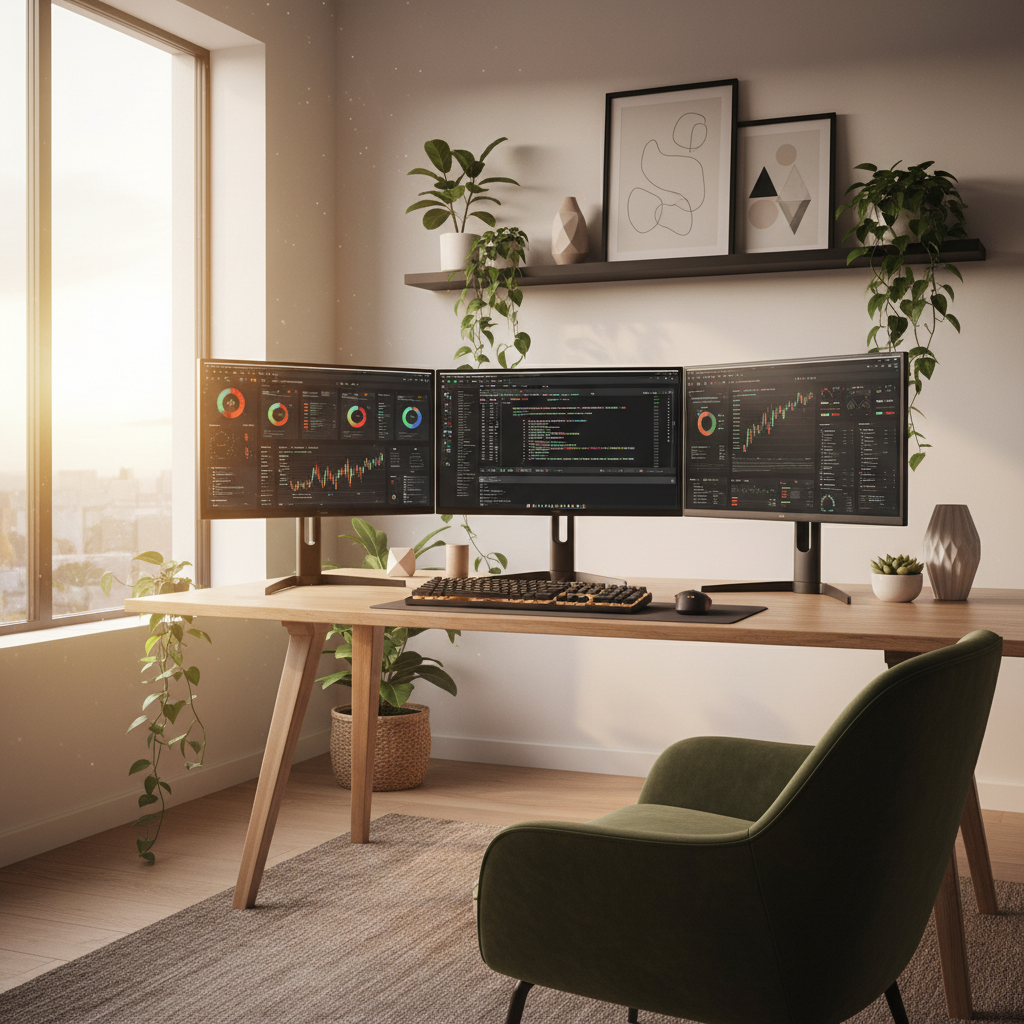 Home office setup with multiple monitors displaying IT dashboards and network monitoring tools