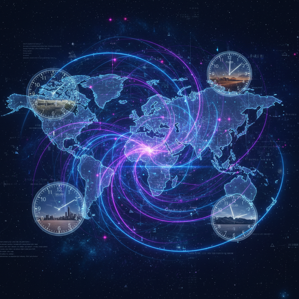 Global network of illuminated nodes connected across a stylized world map with clock faces showing different times